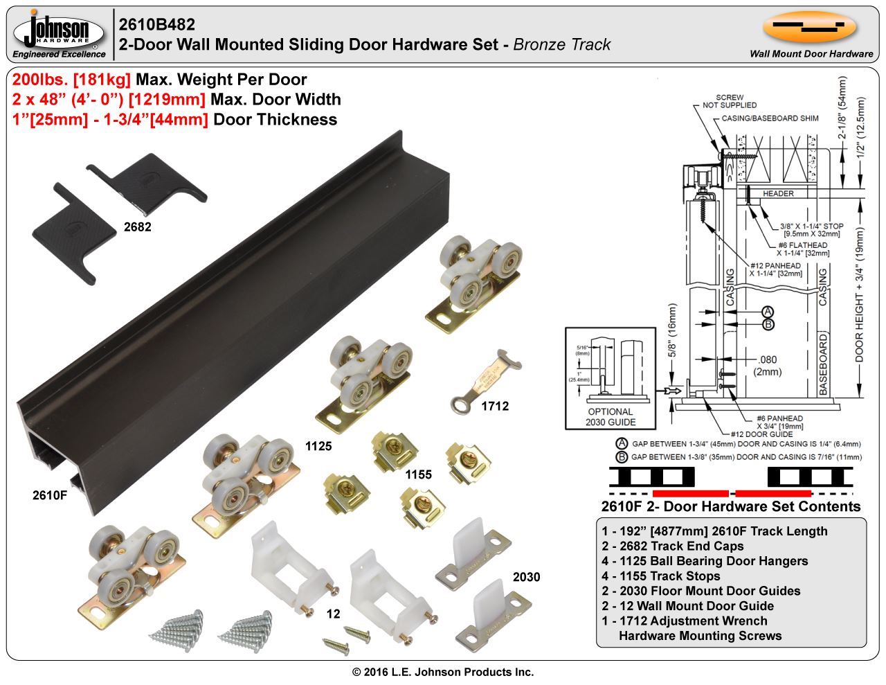 Johnson Hardware 2610F Wall Mount Sliding Door Hardware Sliding