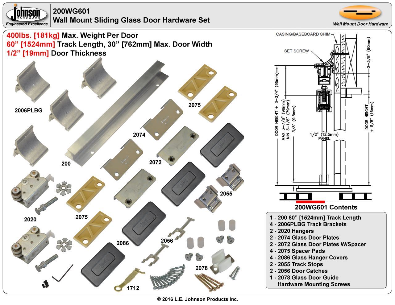 Johnson Hardware 200wg Wall Mount Sliding Glass Door Picture Of 200wg 30 1 Door Hardware Set